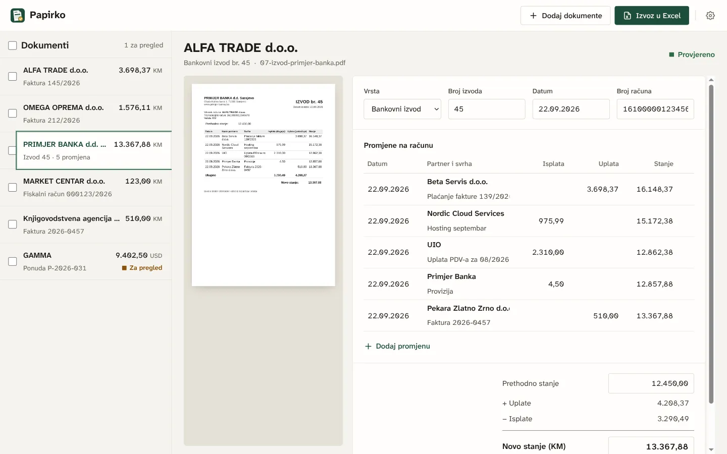 Papirko showing a bank statement with its transactions and running balance