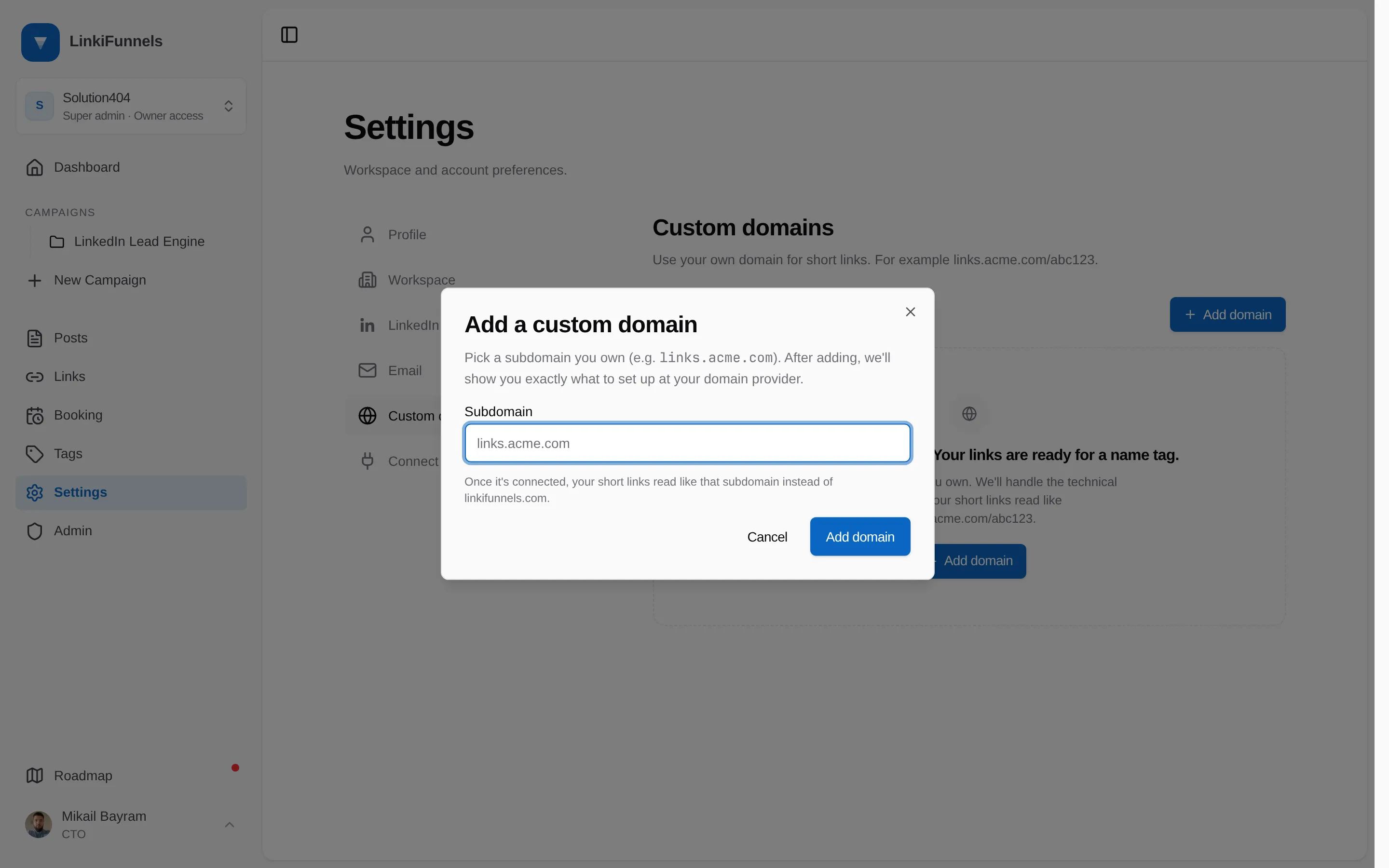 Dialog for adding a custom domain for short links