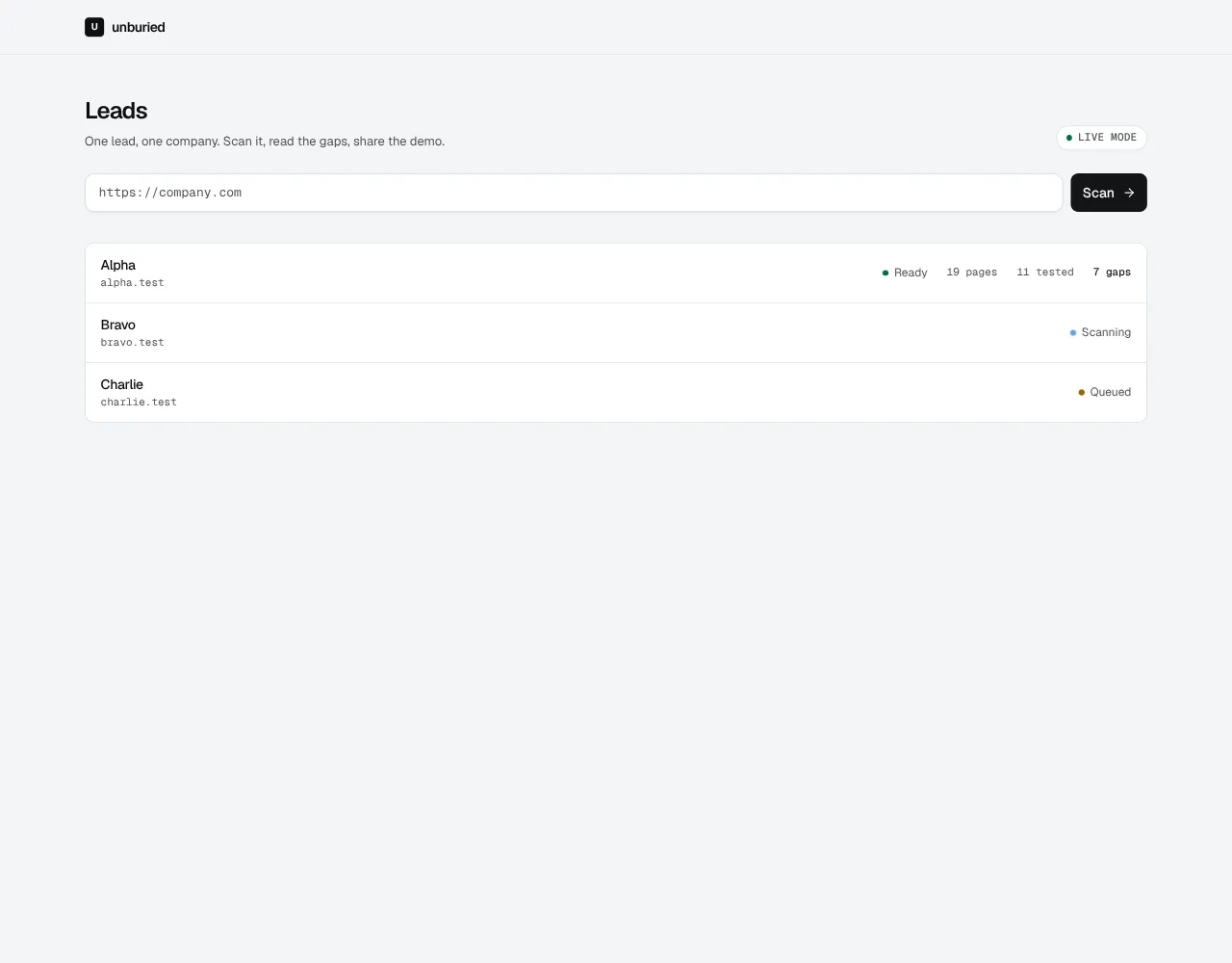 Leads list with scan status, pages crawled and gaps found