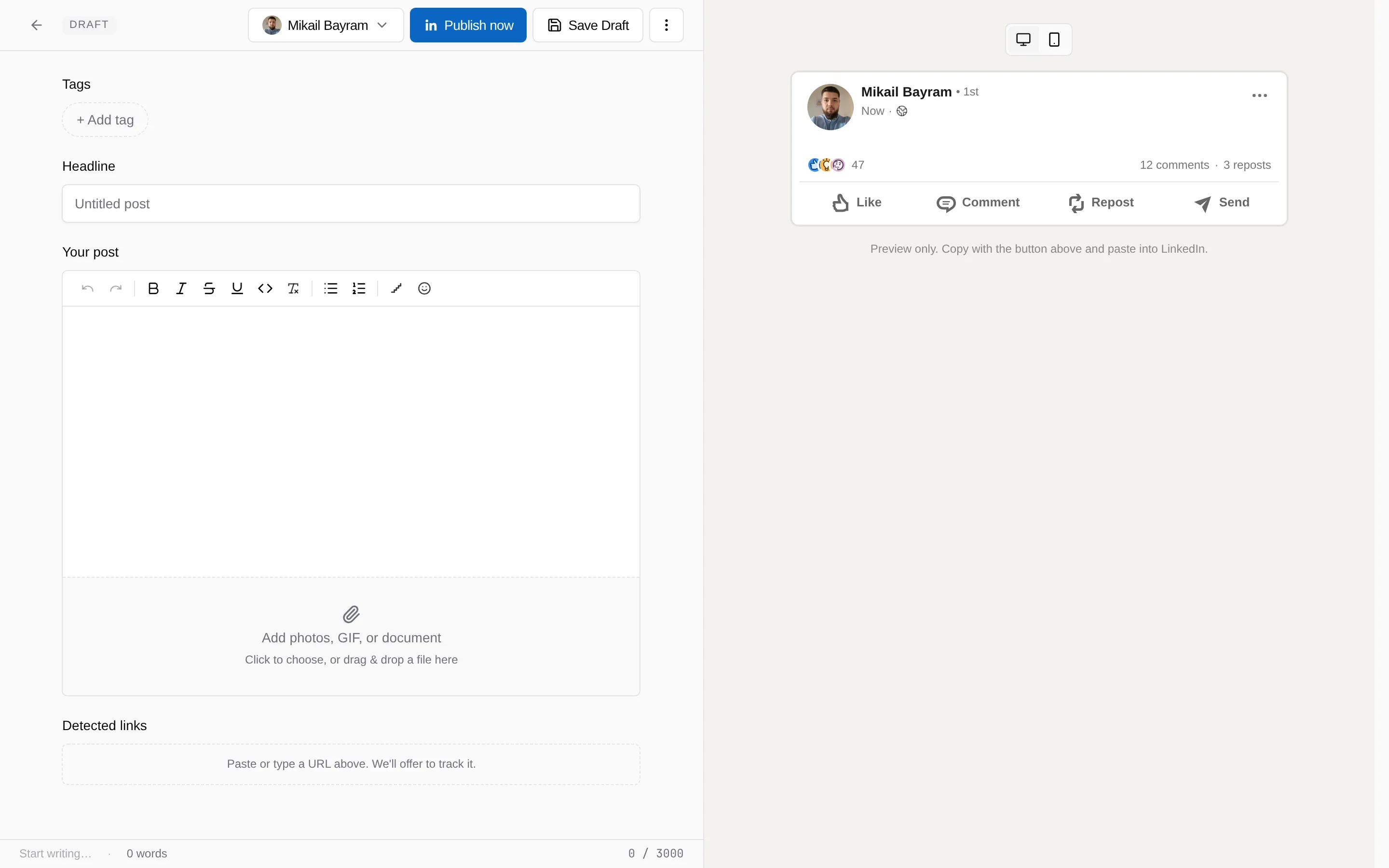Post editor with a rich text field and a live LinkedIn preview