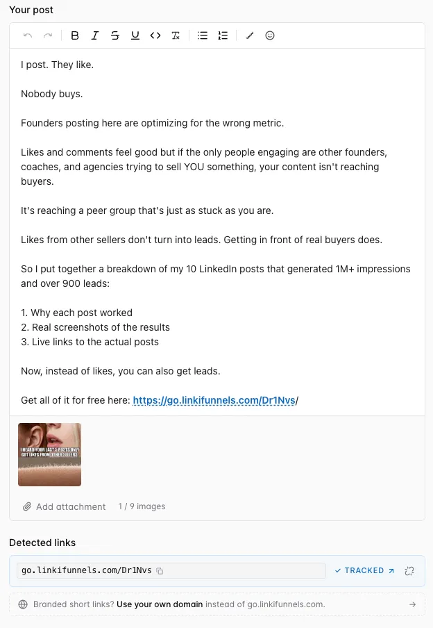 Post editor detecting a link and offering to track it