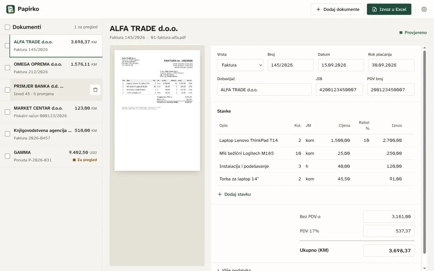 Papirko showing an invoice next to its extracted fields and line items